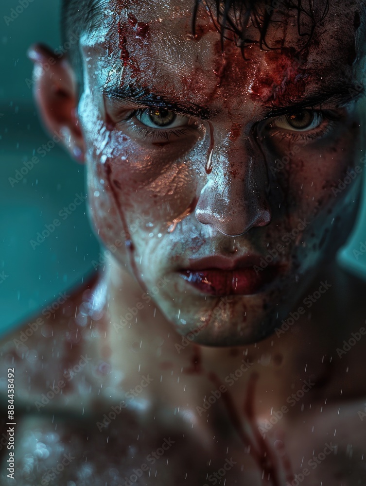 Obraz premium A close-up image of a man's face with bloodstains