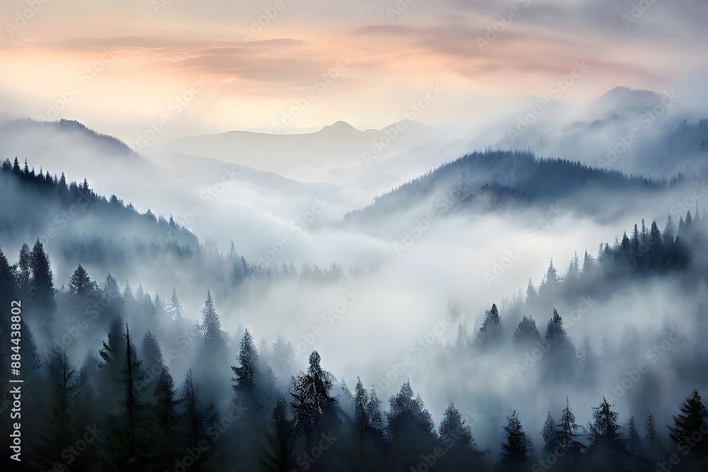 Obraz premium Mystical Fog Over Serene Mountains