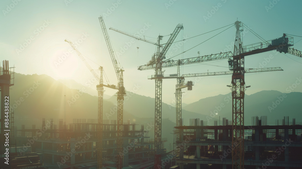 Multiple cranes operating at a construction site, steel framework and ongoing building activities Multiple cranes operating at a construction site, steel framework and ongoing building activities