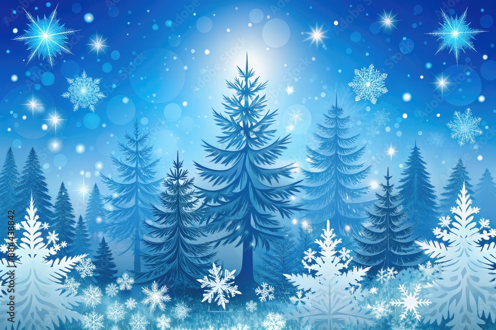 Snowy winter scene with pine trees and snowflakes. Snowy winter scene with pine trees and snowflakes.