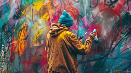 A street artist spray painting a colorful graffiti