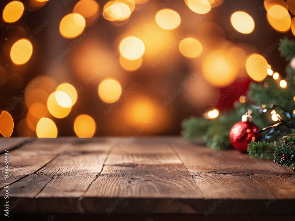 Wooden tabletop with christmas tree branch and warm lights Wooden tabletop with christmas tree branch and warm lights