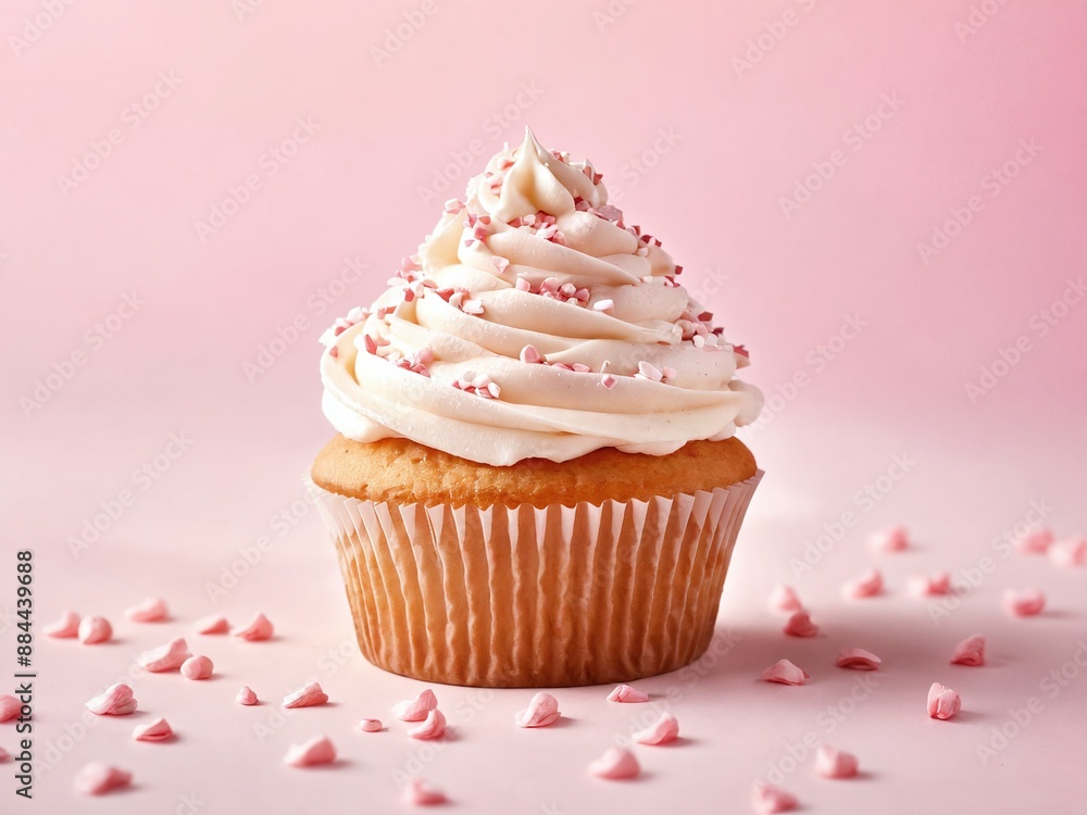 Single vanilla cupcake with pink sprinkles on a pink background Single vanilla cupcake with pink sprinkles on a pink background
