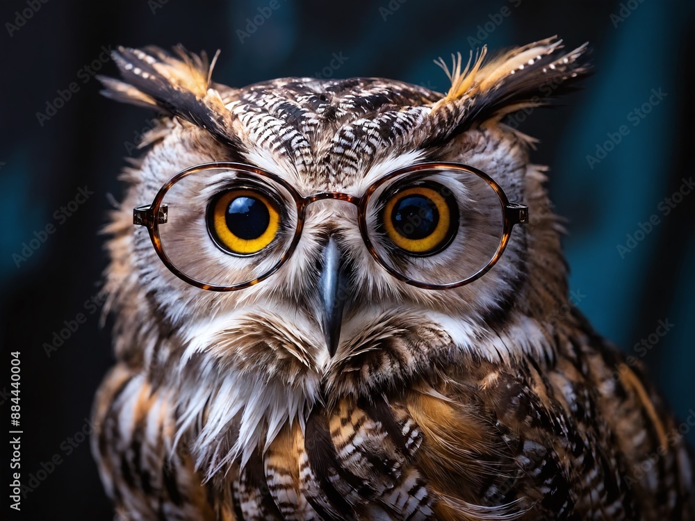 A close-up portrait of a brown owl wearing glasses A close-up portrait of a brown owl wearing glasses