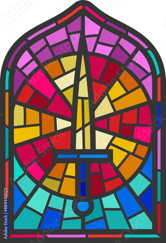 Church glass window. Gothic arch frame with medieval symbol. Vintage architecture element. Stained color mosaic decoration with sword