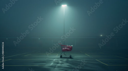 Un caddie abandonné sur un parking de nuit.
