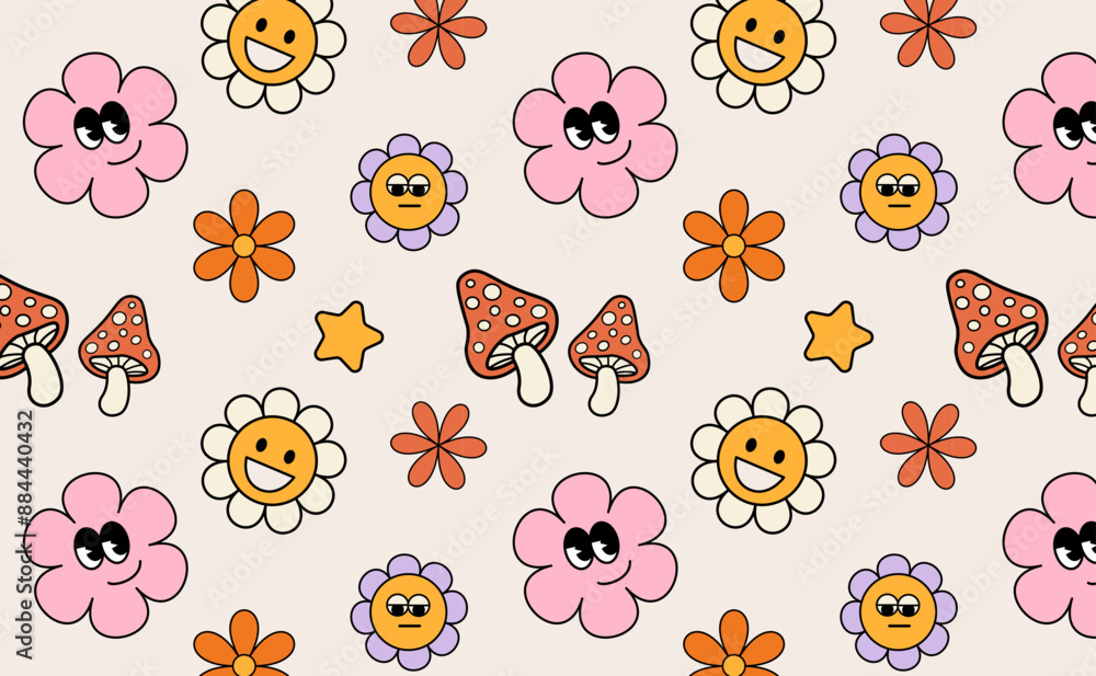 Fototapeta premium Pattern Groovy flower cartoon characters. Funny happy daisy with eyes and smile. Sticker pack in trendy retro trippy style. Isolated vector illustration. Hippie 60s, 70s style.