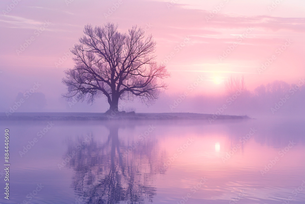 A lone tree reflects perfectly in a calm lake during a pastel-hued sunrise creating a serene and picturesque scene A lone tree reflects perfectly in a calm lake during a pastel-hued sunrise creating a serene and picturesque scene