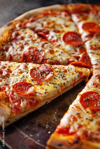 Pepperoni Pizza with Fresh Basil on Wooden Board