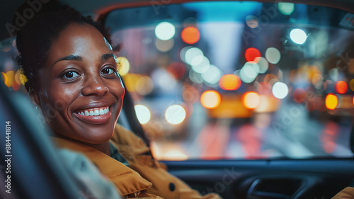 close up photograph from through the winshield of a smiling woman driving her car through a metropolitan city.generative ai photo