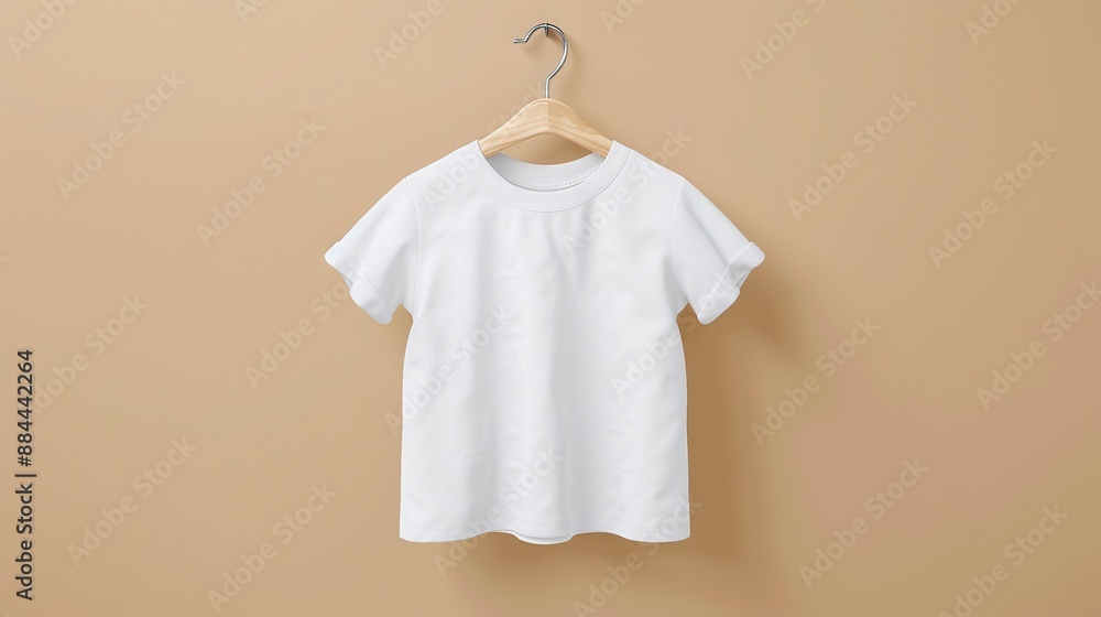 High-Resolution Studio Shot of a White Smooth Kid's T-Shirt on a Hanger for Fashion Mockup Purposes High-Resolution Studio Shot of a White Smooth Kid's T-Shirt on a Hanger for Fashion Mockup Purposes