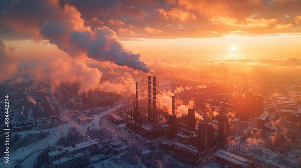 Fototapeta premium Industrial cityscape at sunset - generative ai