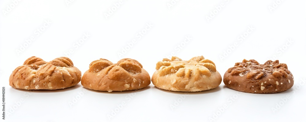 Four round cookies arranged in a row on a white surface Four round cookies arranged in a row on a white surface