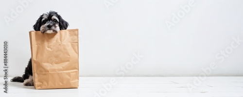 Black and white dog hiding behind brown paper bag on white floor