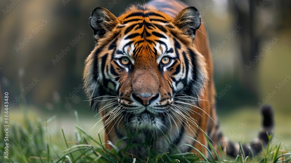 Fototapeta premium A striking image of a tiger, poised and staring intently, set against a lush, natural grassy background, capturing the essence of a predator in the wild.