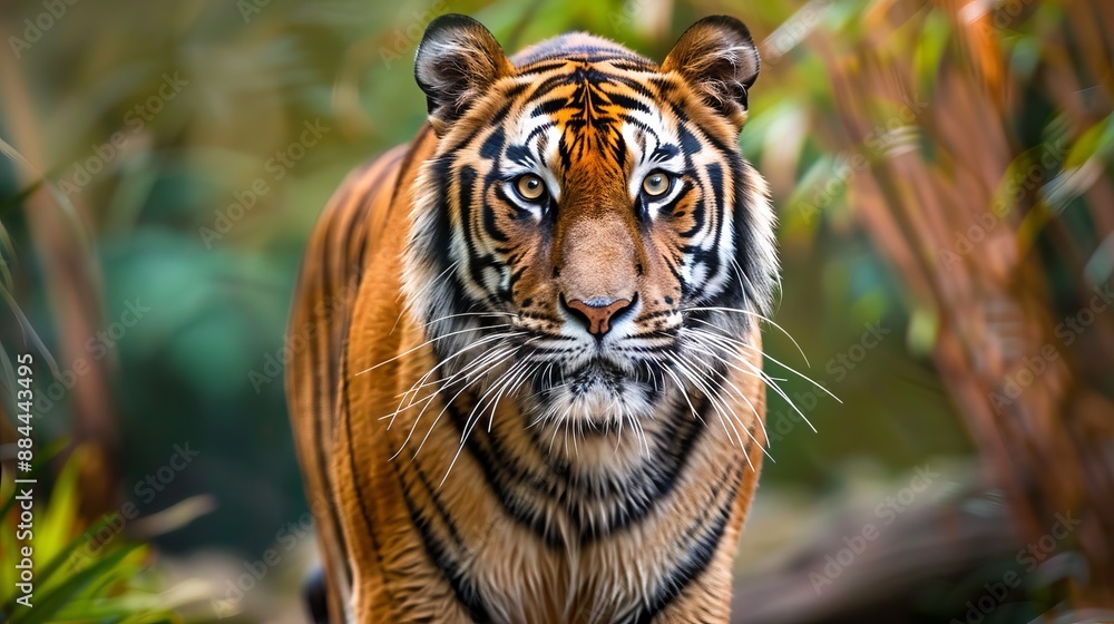 Fototapeta premium A remarkable image of a tiger confidently walking through lush, green foliage, the perfect depiction of power and grace as the majestic creature moves through its jungle habitat.