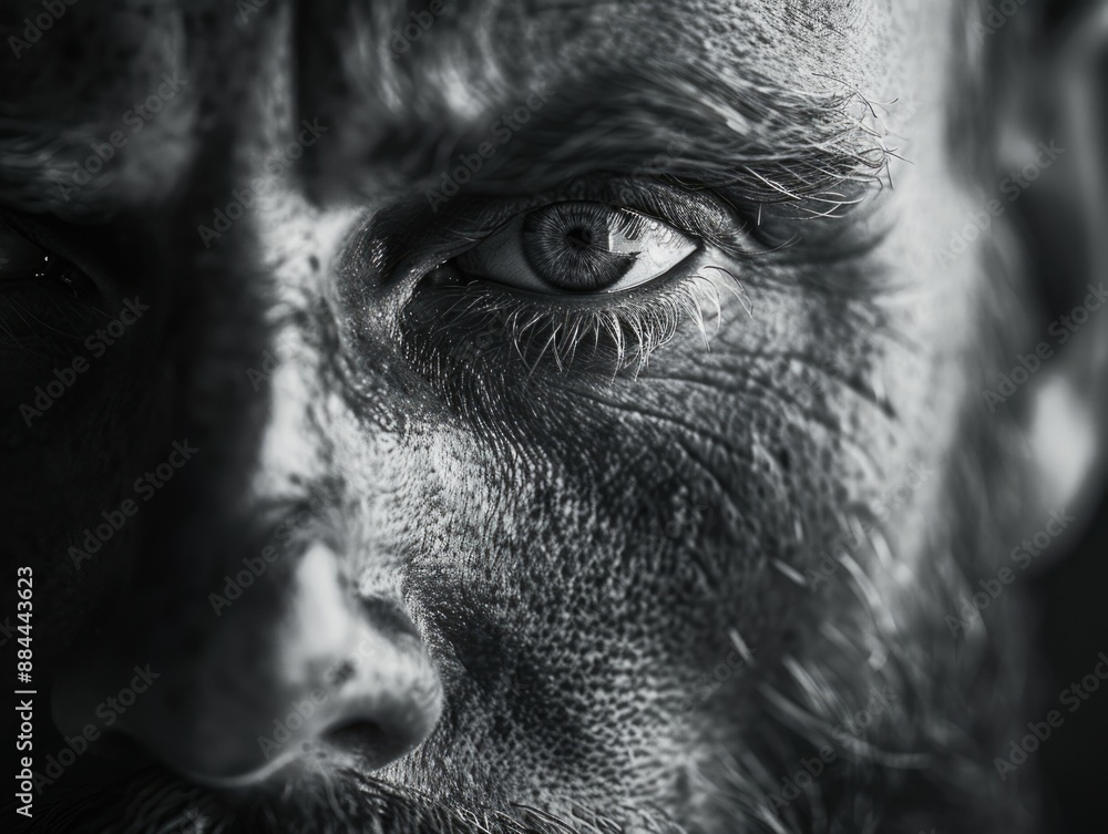 Obraz premium A close-up shot of a man's face in monochrome tones