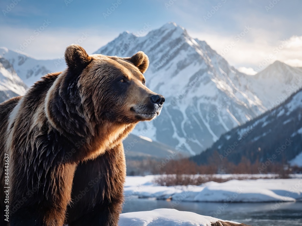 A grizzly bear stands on a snowy riverbank with mountains in the background A grizzly bear stands on a snowy riverbank with mountains in the background
