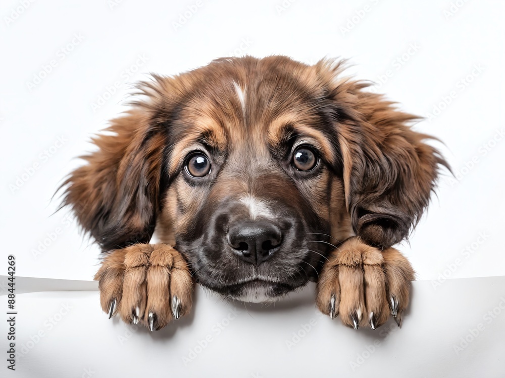 Brown and white puppy peeking over white surface