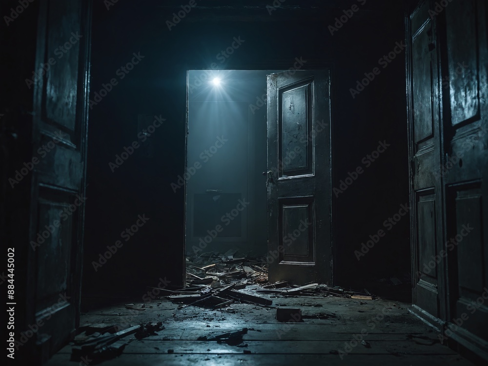 Obraz premium An open door in a dark, abandoned building