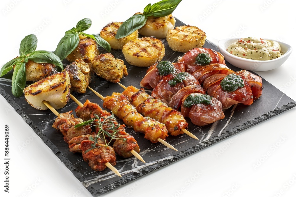 Skewers of grilled vegetables and meats presented on a dark slate board showcasing a mix of textures and flavors in an elegant outdoor setting Skewers of grilled vegetables and meats presented on a dark slate board showcasing a mix of textures and flavors in an elegant outdoor setting