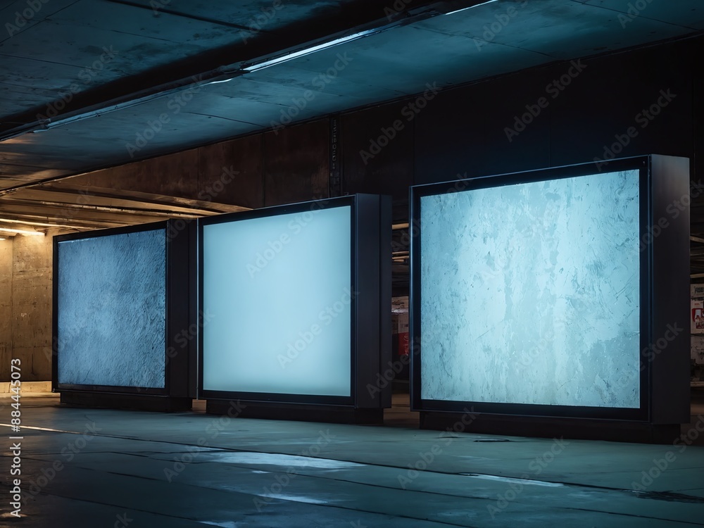 Three illuminated light boxes in a concrete underpass at night Three illuminated light boxes in a concrete underpass at night