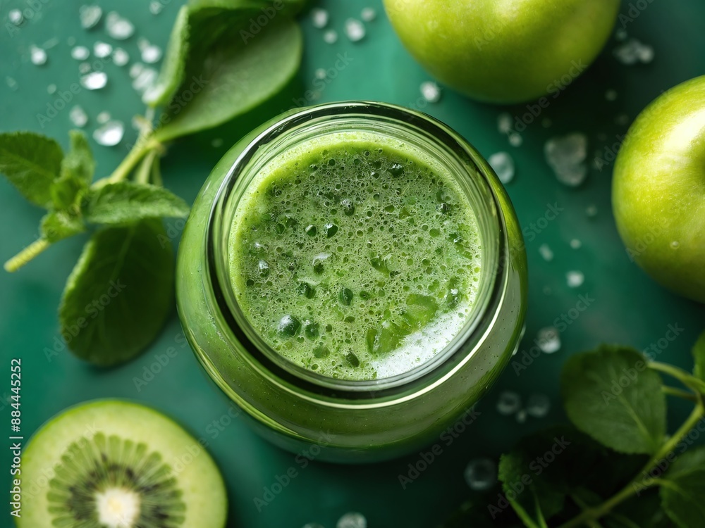 Freshly made green smoothie in a glass jar with kiwi and apples on green background Freshly made green smoothie in a glass jar with kiwi and apples on green background