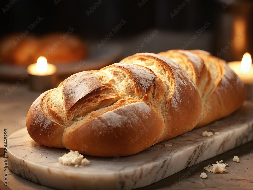 Freshly baked loaf of bread on marble cutting board Freshly baked loaf of bread on marble cutting board