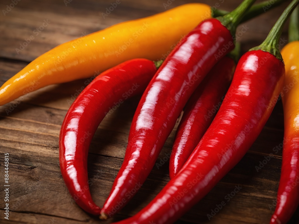 Red and yellow chili peppers on wooden background Red and yellow chili peppers on wooden background