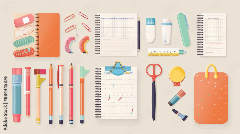 All kinds of stationery for primary school students , illustration.generative ai All kinds of stationery for primary school students , illustration.generative ai