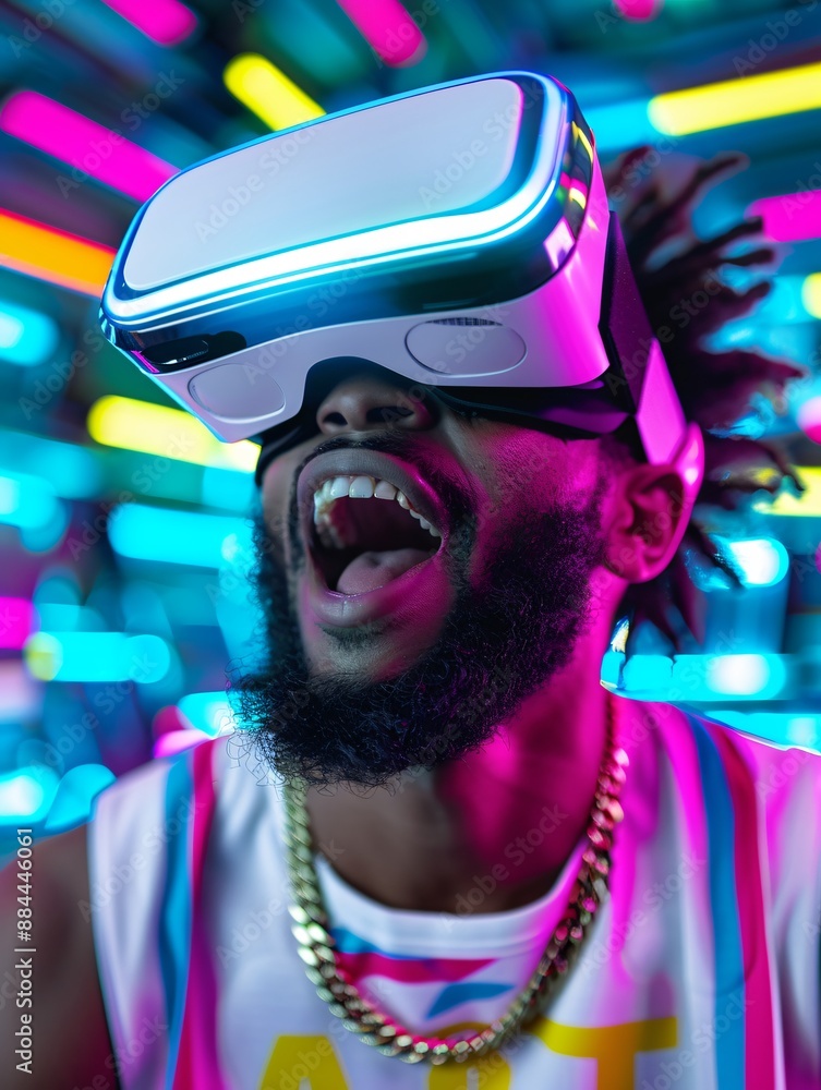 A comical basketball player, donning VR goggles and a funny shirt, navigating through a 3D cyber space with a bright and dynamic neon background. A comical basketball player, donning VR goggles and a funny shirt, navigating through a 3D cyber space with a bright and dynamic neon background.