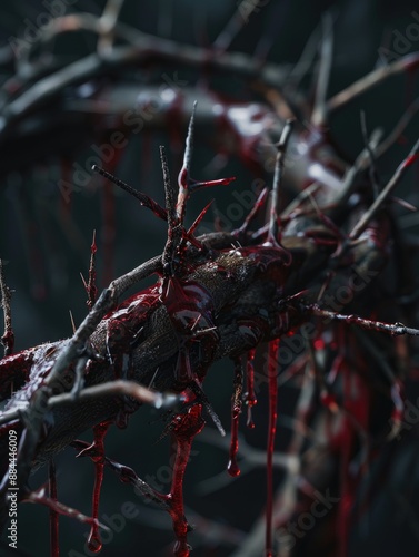 A close-up view of a tree with blood dripping from its bark photo