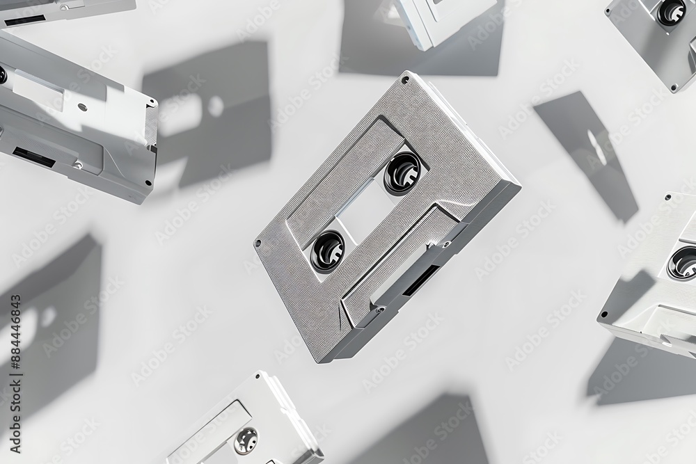 White Cassette Tapes Falling With Shadows. White Cassette Tapes Falling With Shadows.