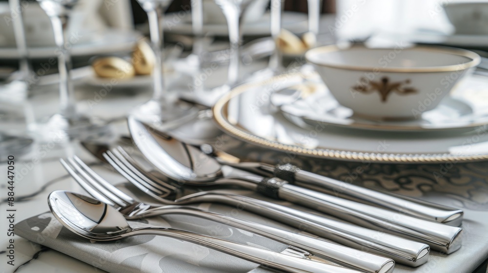 A set of designer silverware neatly arranged on a luxurious dining table. A set of designer silverware neatly arranged on a luxurious dining table.