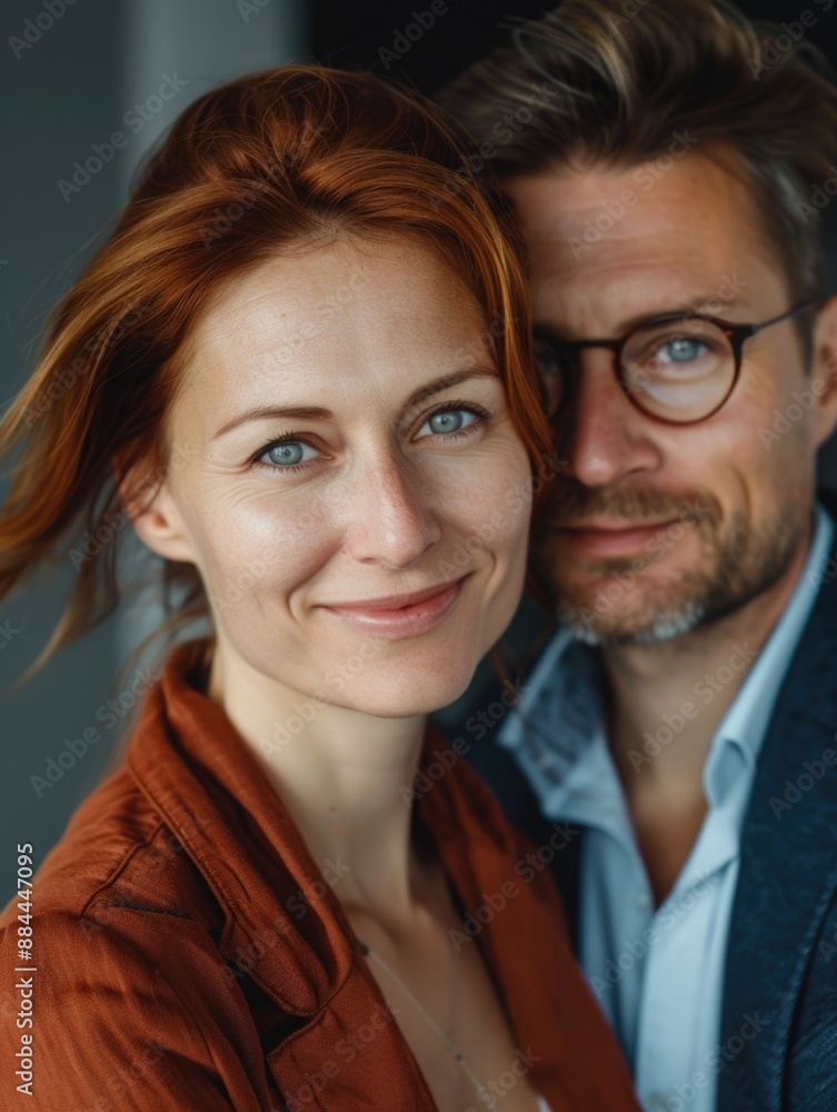 A man and a woman standing together, smiling for the camera A man and a woman standing together, smiling for the camera