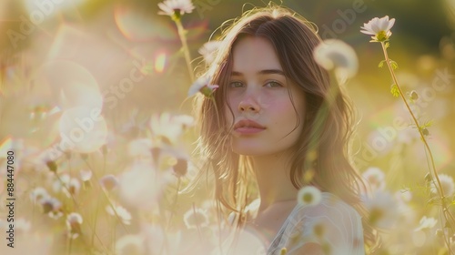 a beautiful, dreamlike portrait of a woman standing in a field of wildflowers