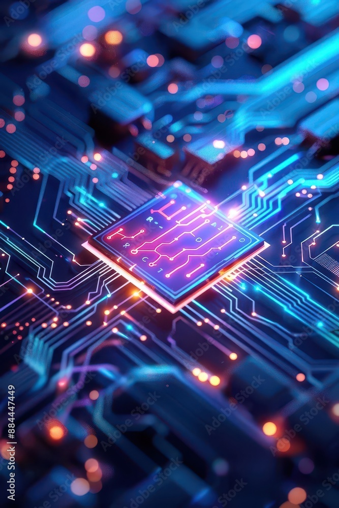 Close-up of a glowing microprocessor on a circuit board. Close-up of a glowing microprocessor on a circuit board.