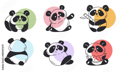 Colorful panda cute vector animal bear illustration on white background isolated set hand drawing style characters. Vector cartoon graphic design element