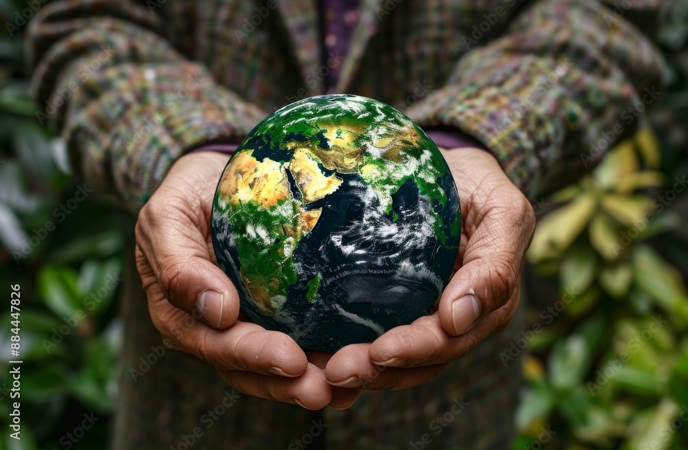 Promoting Recycling and Environmental Responsibility: Businessman Holds Virtual Earth Globe Promoting Recycling and Environmental Responsibility: Businessman Holds Virtual Earth Globe
