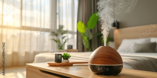 Portable Humidifier on Table: Spreading Steam in Bedroom photo