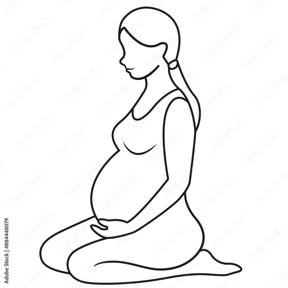 Minimalistic linear vector image of a pregnant woman sitting sideways on her knees. Suitable for use in medical and educational materials, pregnancy and maternity illustrations, and a variety of desig Minimalistic linear vector image of a pregnant woman sitting sideways on her knees. Suitable for use in medical and educational materials, pregnancy and maternity illustrations, and a variety of desig