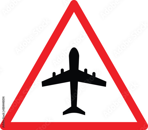 Airport warning sign . Airplane traffic warning sign . Red triangle airport warning sign . Vector illustration