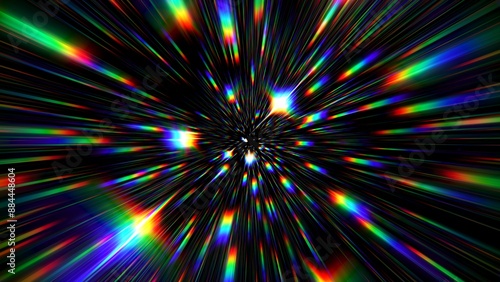 Portal for hyperspace jump at the speed of light. Colorful glowing light rays inside the infinite tunnel. Time warp. Traveling in space. Big bang. Abstract rainbow refraction background. 3d render