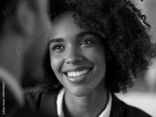 A happy woman smiling in a black and white photograph