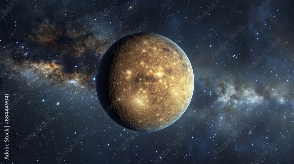 Fototapeta premium A serene image of a golden-hued planet glowing gently amidst a star-studded cosmic backdrop, exuding a sense of calm and timeless beauty in space.