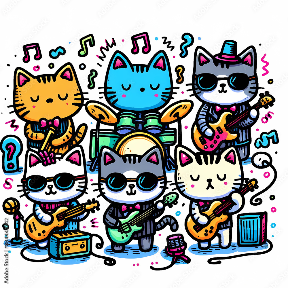 Doodle art cartoon of cats playing a musical instruments Doodle art cartoon of cats playing a musical instruments
