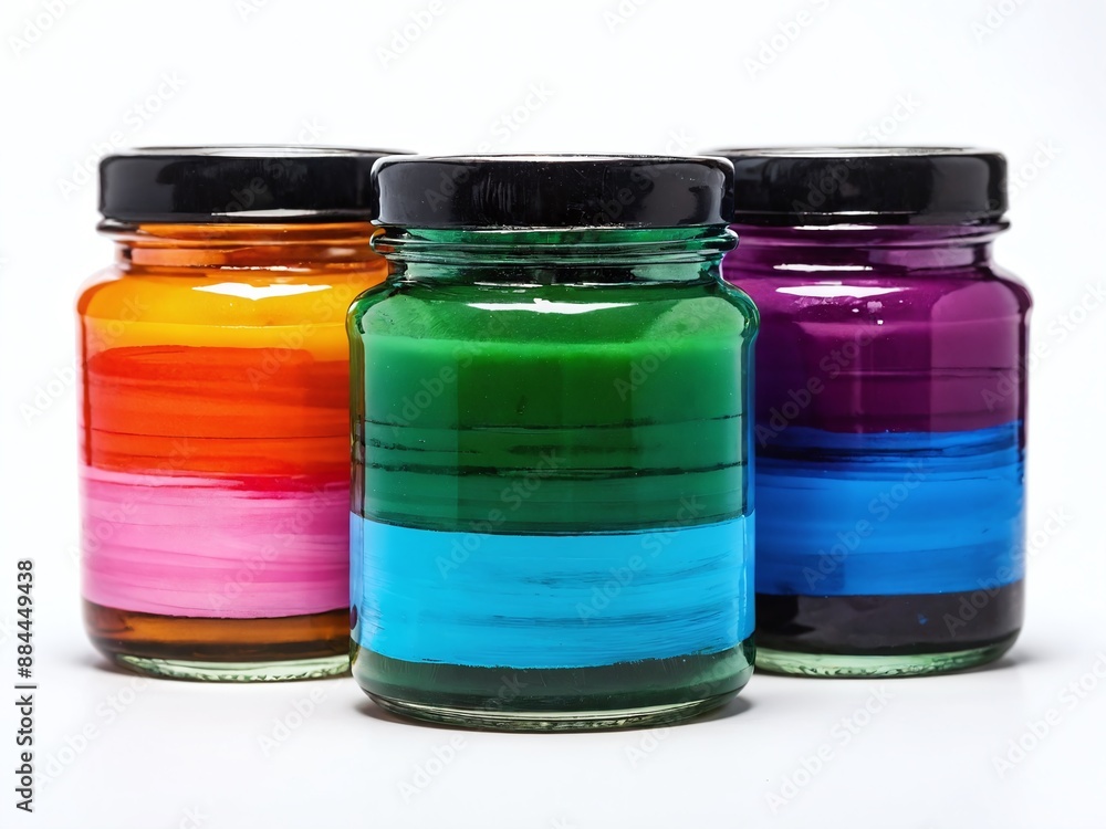 Three glass jars with colorful layers on a white surface Three glass jars with colorful layers on a white surface