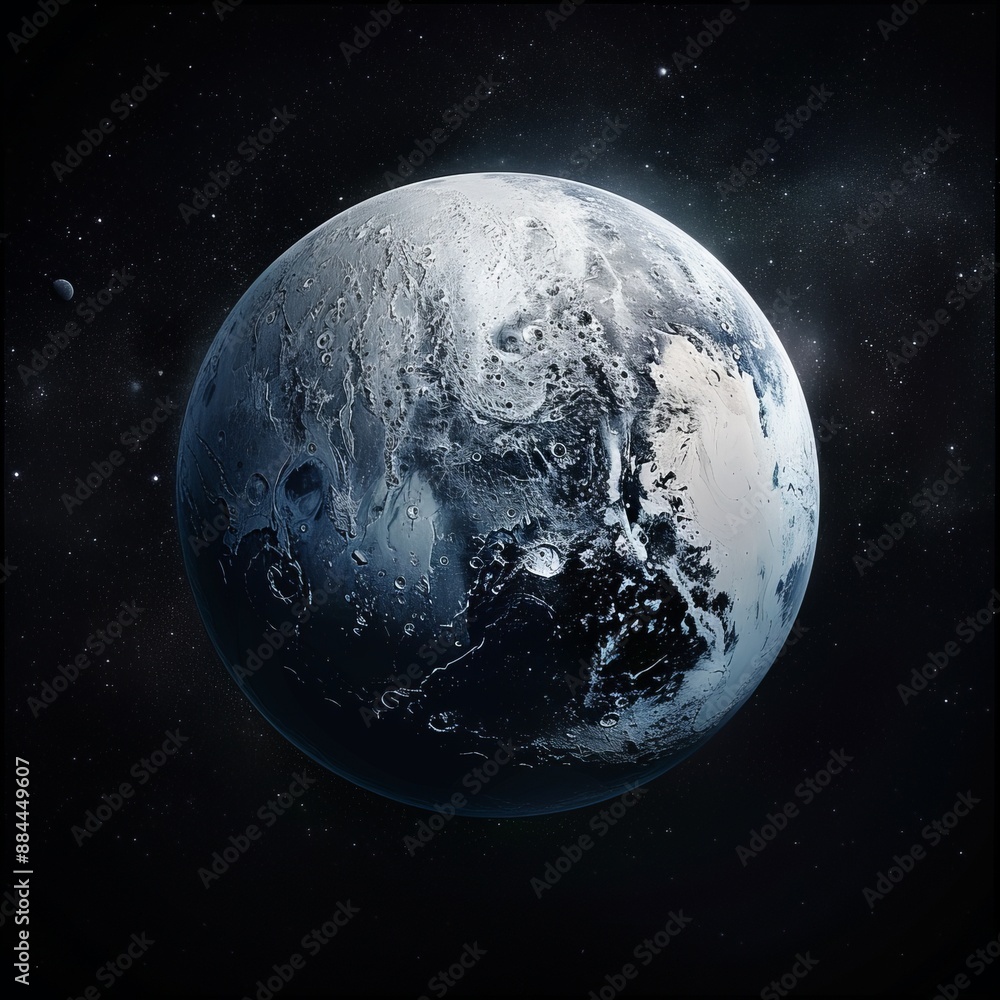 Fototapeta premium A mesmerizing image of a frozen, icy planet with visible craters set against the vastness of outer space, demonstrating the cold and isolated beauty of distant celestial bodies.
