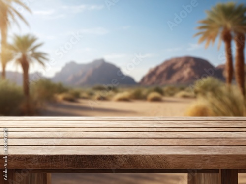 Wooden tabletop with desert landscape background