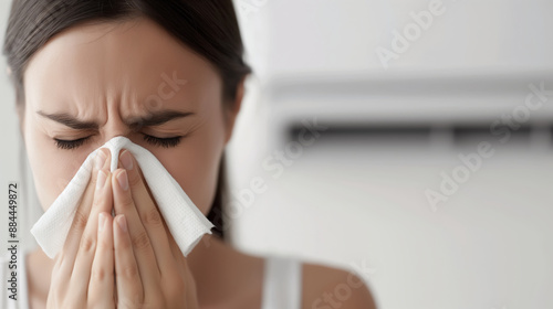 A woman wipes her nose with a tissue, showing signs of illness or allergies..A woman using a tissue to relieve cold or allergy symptoms, emphasizing health and wellness.